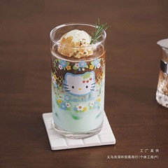 可爱helloKitty猫夏日繁花玻璃杯中古高颜值果汁牛奶喝水杯子