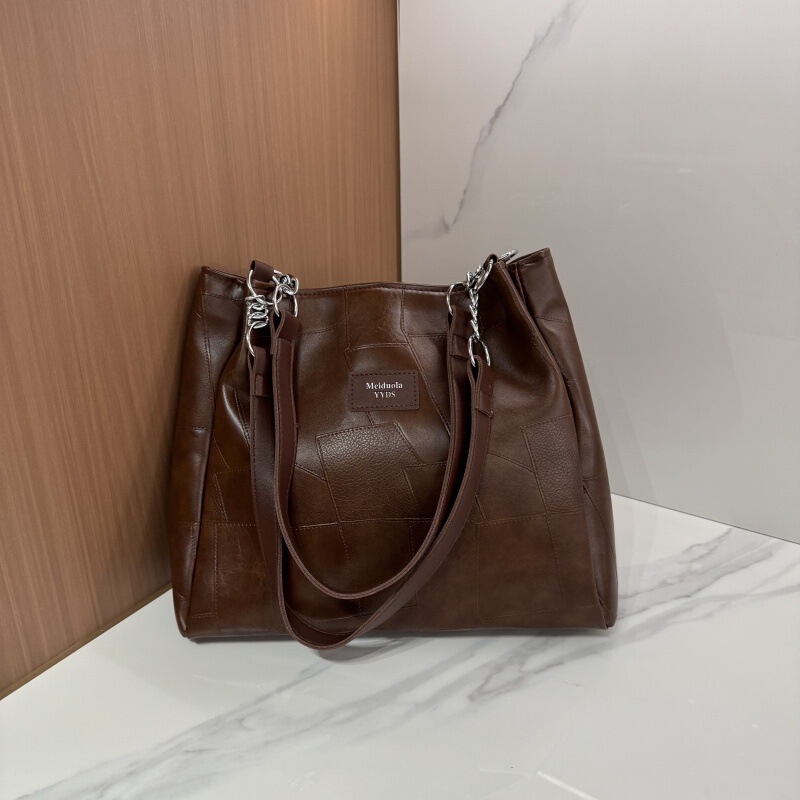 2025 Solid Color Pu Plaid Tote Bag Handbag Chain Women's Bag Shoulder Bag Ins Retro Large Capacity Tote Bag