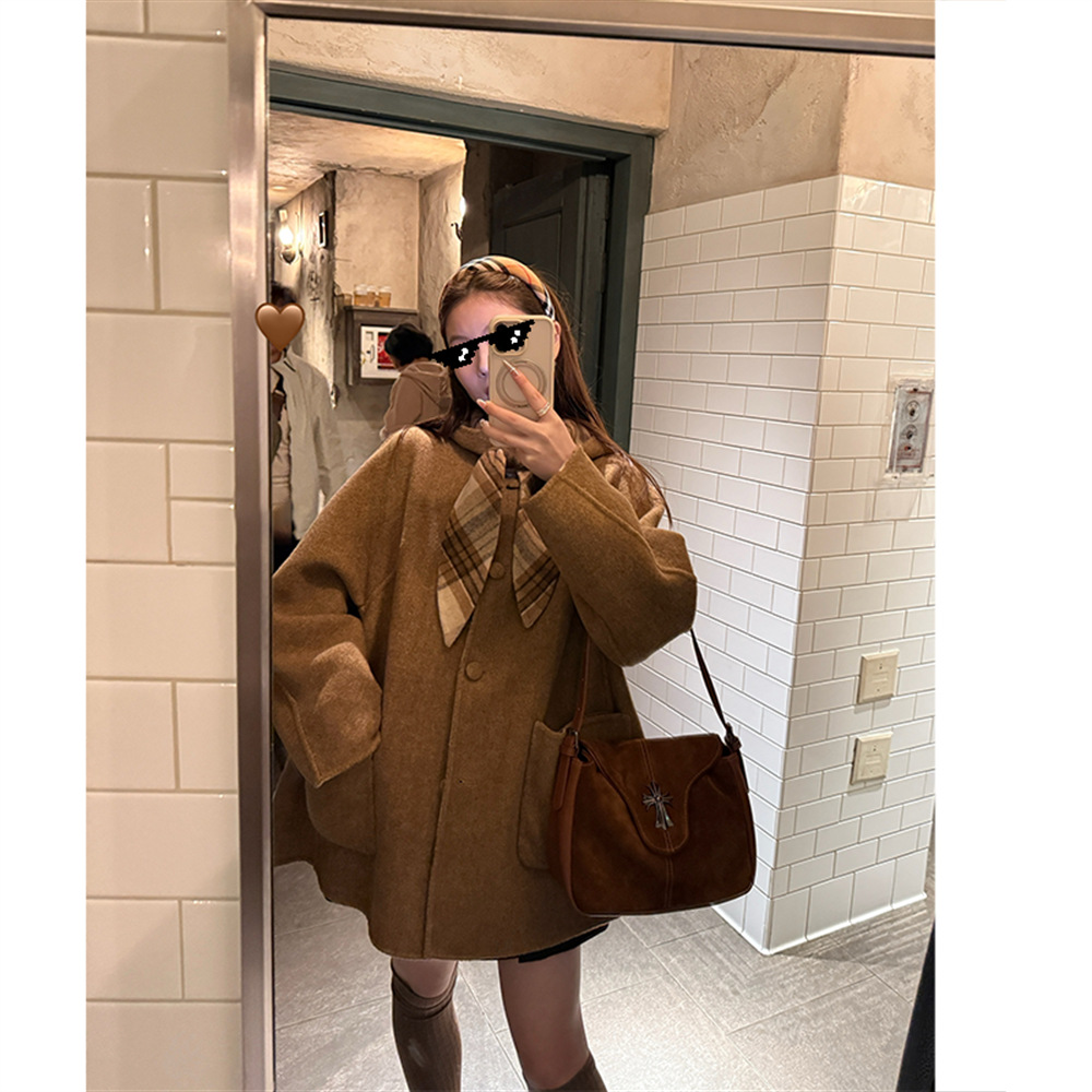 [Ready Stock] Im to Winter Reversible Rabbit Ear Lace-Up Hooded Cloak Double-Sided Woolen Outwear for Women