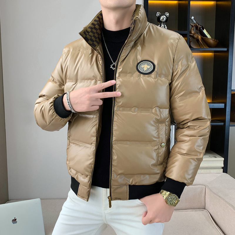 Winter European-Style Stand-Collar down Jacket for Men, Shiny, Washable, Lettered, Fashionable, Trendy, Warm, Windproof, and Cold-Resistant