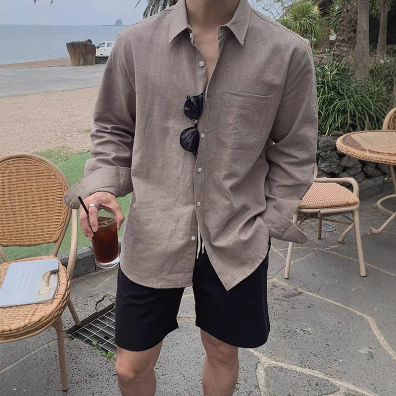 American Style Cotton Linen Shirt Men's Thin Breathable Loose Long Sleeve Lapel Sunscreen Cardigan Linen Breathable Workwear Shirt Trendy