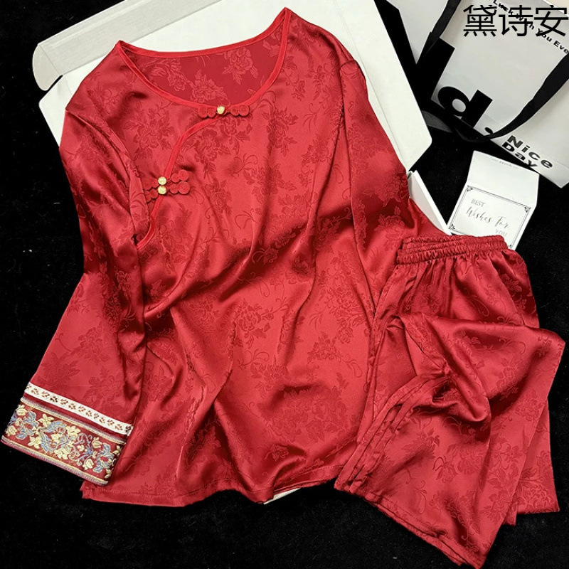 Daisian [Woven Embroidery] Red New Chinese Style National Style Women's Long Sleeve Pajamas, Thin Ice Silk for Spring and Summer