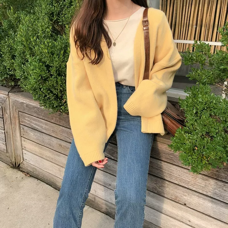 秋冬新款韩版很仙的慵懒风宽松毛衣外套女学生黄色针织开衫潮上衣
