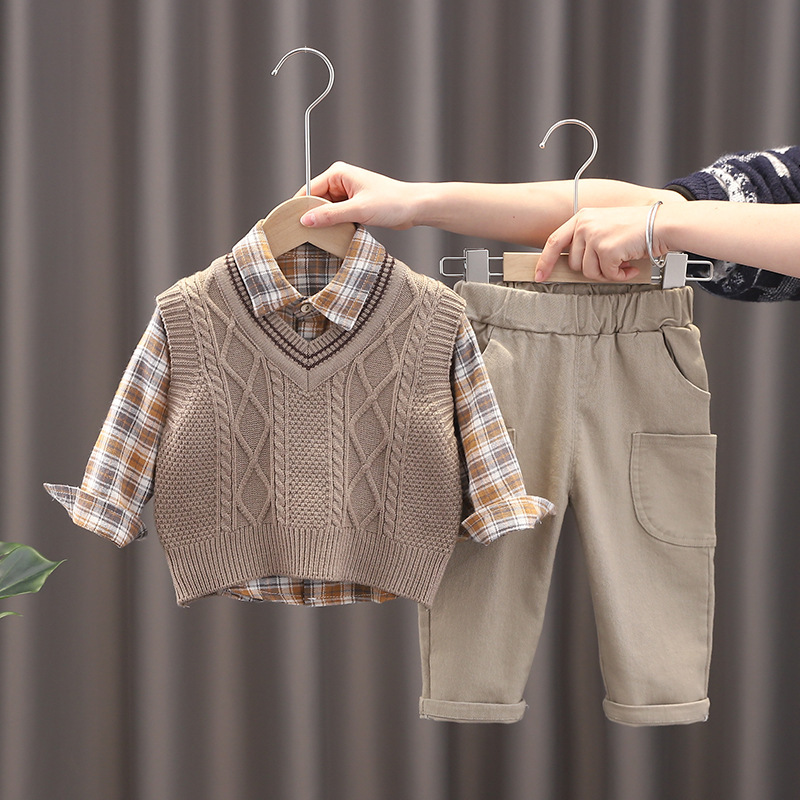 Kids Boys Plaid Shirt Long-Sleeved Vest Three-Piece Kidsren's Suit Kidsren's Knitted Sweater Vest Korean Version Wholesale