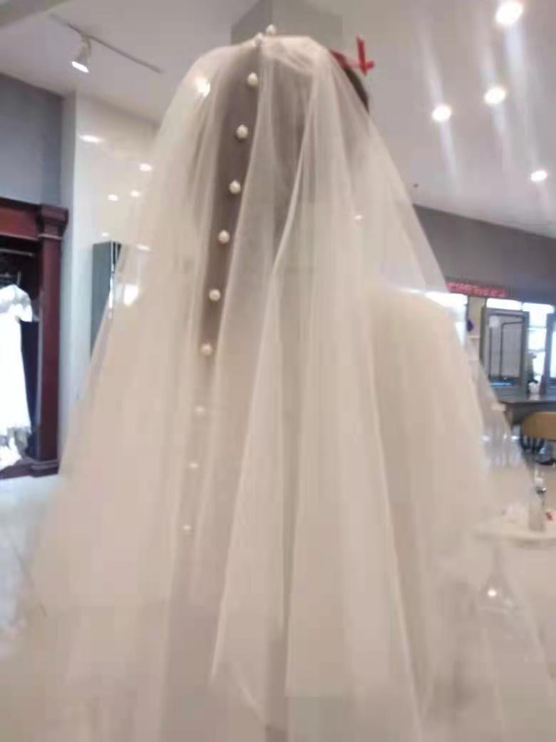 2021新款新娘头纱简约钉珠气质饰品唯美自然仿珍珠结婚婚纱头饰女