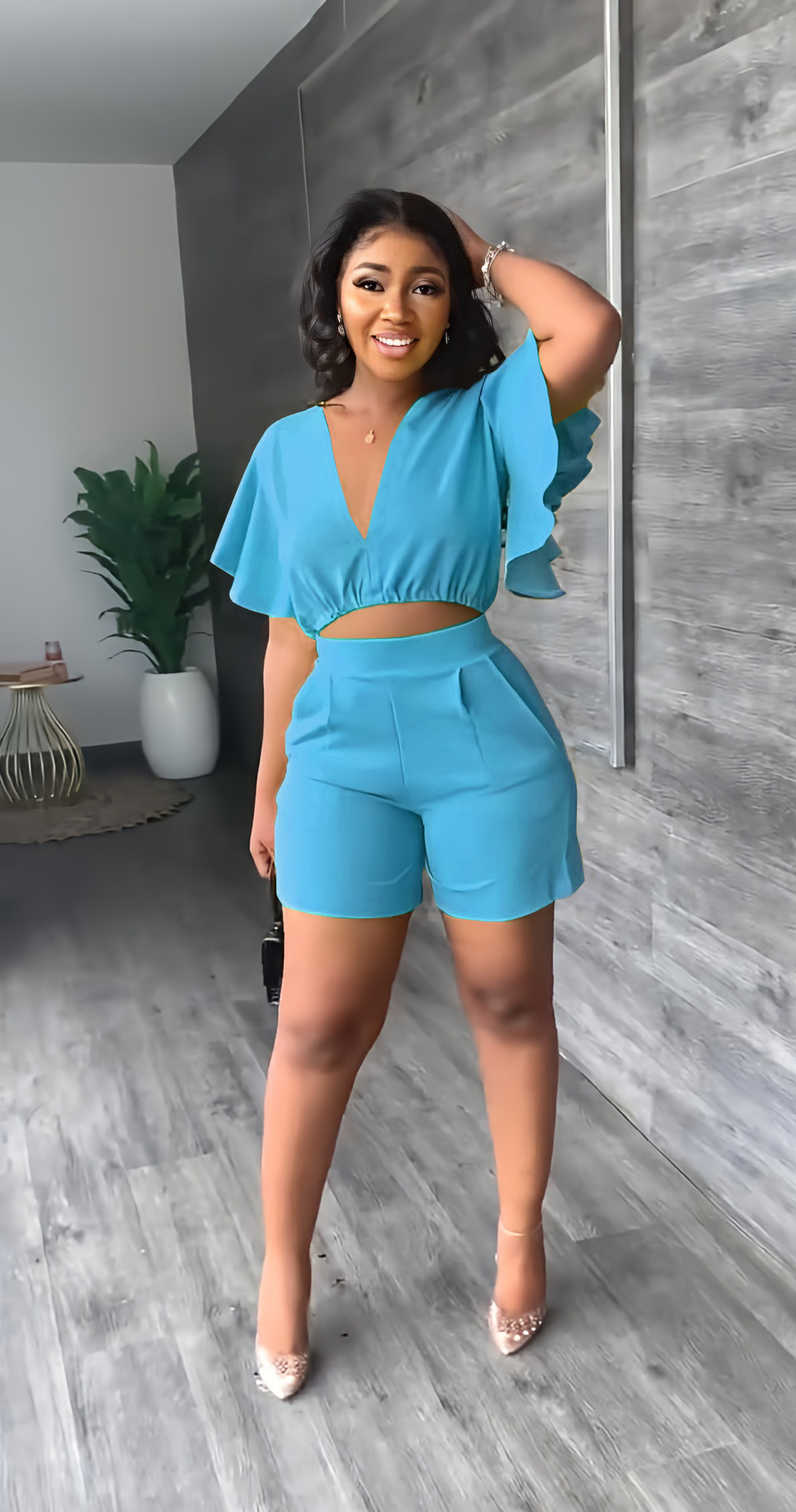 Ruffled Short V neck Top Casual Shorts Summer Two Piece Set