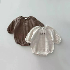 韓版春夏男嬰幼兒可愛寶寶卡通刺繡哈衣寬鬆外出連體服