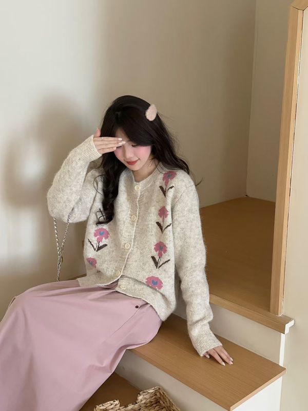 2025秋冬新款韩版宽松显瘦圆领提花针织衫毛衣女百搭外套上衣女装|undefined
