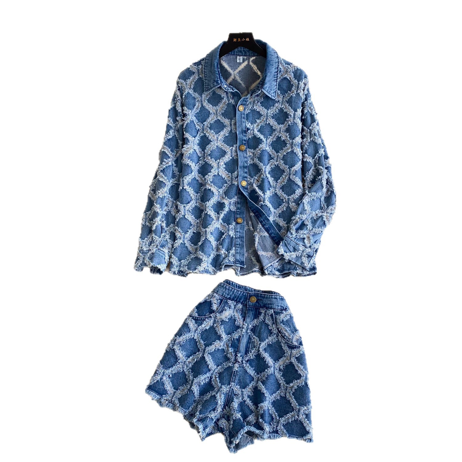 Women's Fashion Diamond Patterned Frayed Edge Washed Shirt And A-Line Shorts Denim Suit Spring Autumn New Cross Border Trade_voghion.com
