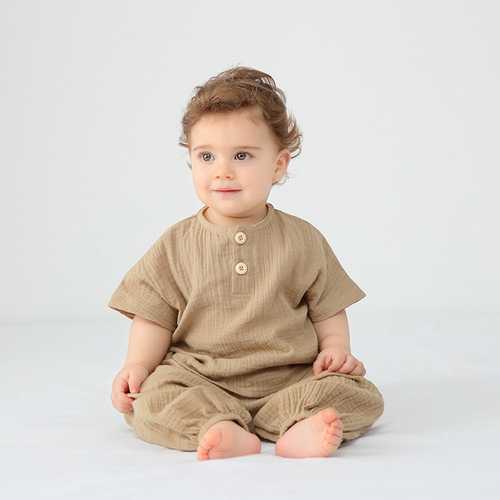 Baby suit summer short-sleeved pure cotton gauze split two-piece pajamas thin baby air-conditioning suit cuffed pants
