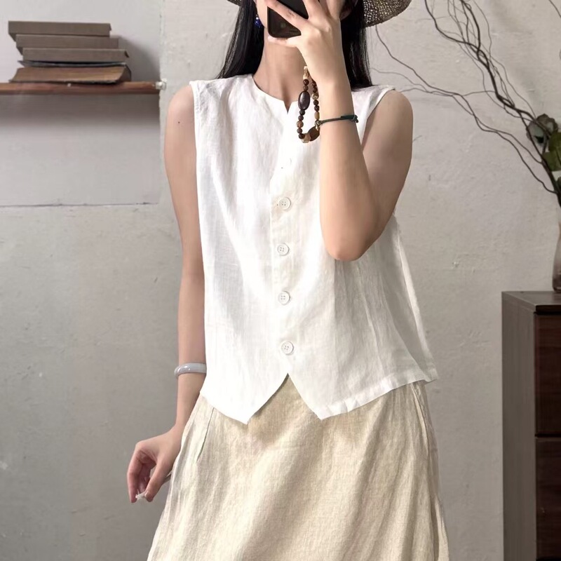 New linen vintage sleeveless vest shirt coat women's fashion temperament design top