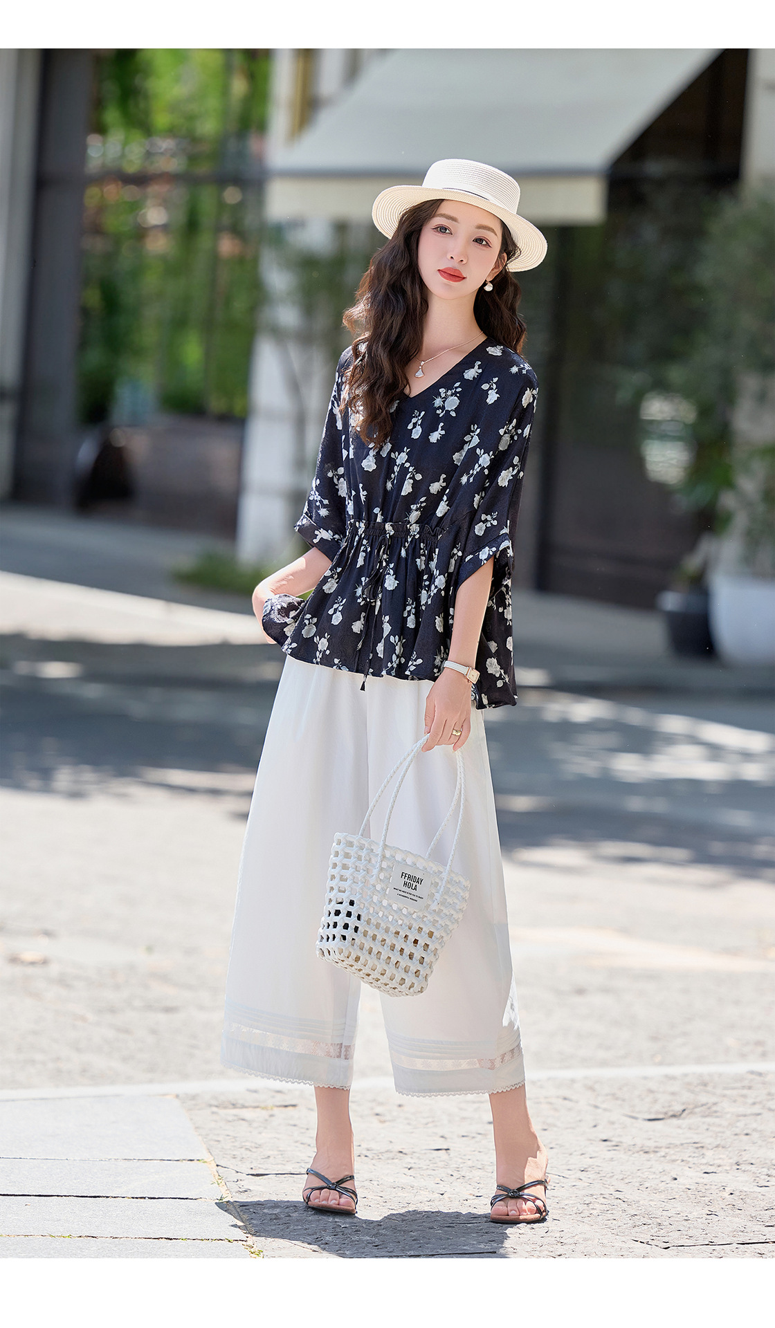 Bộ vest nữ hai mảnh áo sơ mi in họa tiết cổ V kết hợp quần ống rộng — Màu ảnh chi tiết 16