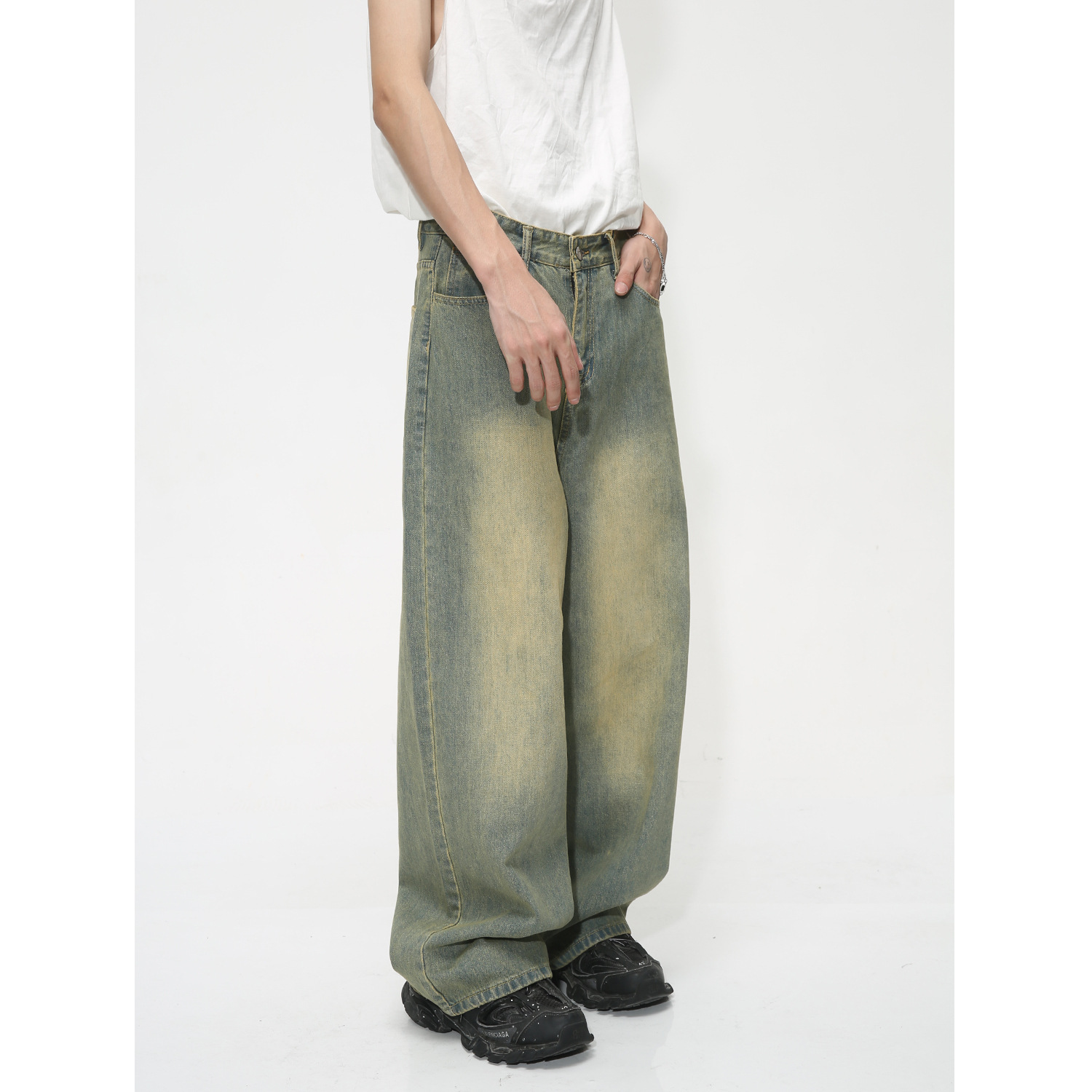 Mtlclothes ropa de Hombre | 2023 verano nuevo estilo coreano Loose MOP retro blanco Denim Pantalones