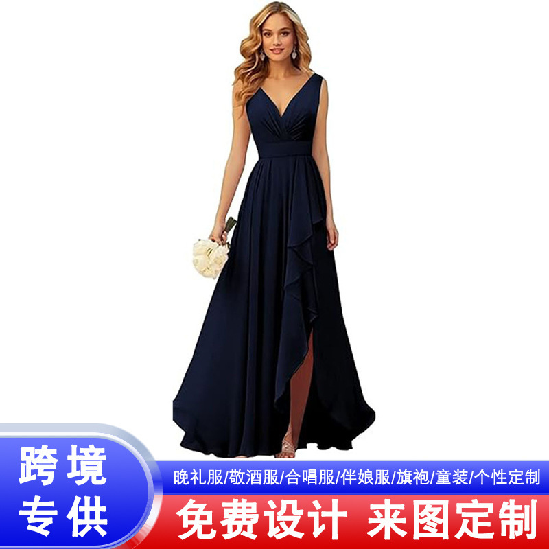 Cross-Border Evening Dress 2026 New Style V-Neck Pleated Slit Tie Long Chiffon Christmas Party Dress Foreign Trade Cross-Border Evening Dress 2026 New Style V-Neck Pleated Slit Tie Long Chiffon Christmas Party Dress Foreign Trade