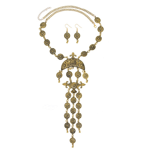 European and American big brand fashion new luxury temperament pattern coin tassel necklace set ancient country princess