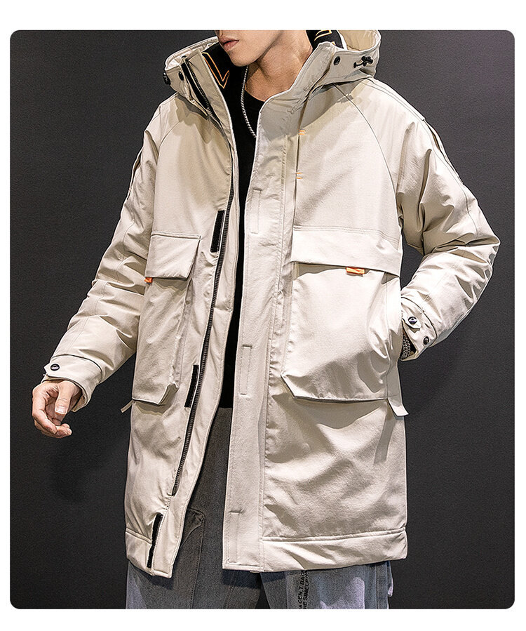 Men's Long Winter Workwear Down Jacket With Hood, Lightweight Warm Parka Coat For Cold Weather, Water-Resistant Polyester Shell, Machine Washable_voghion.com