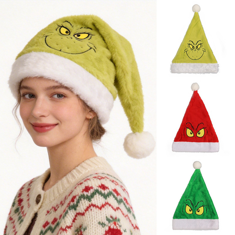Customized Grinch Plush Embroidered Christmas Hat Green Monster Cartoon Christmas Hat Grinch Xmas Hat