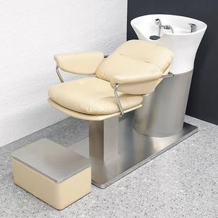 Simple Hairdressing Semi-Reclining Stainless Steel Flushing Bed Internet Celebrity Classy Barber Shop Shampoo Bed Ceramic Basin for Hair Salon
