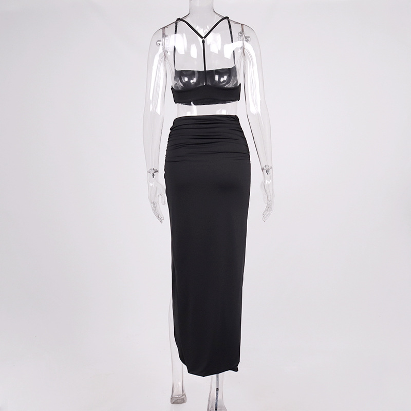 Summer Women Pleated Crop Top Spaghetti Strap High Slit Long Skirt Two Piece Set for Women