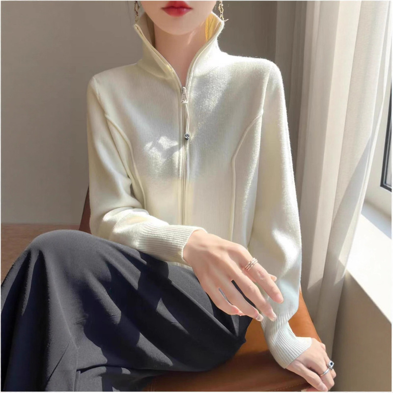 2025 New Autumn and Winter Style Super Simple and Fashionable Stand-Up Collar Knitted Cardigan Women's Double Zipper Loose Age-Reducing Outer Top