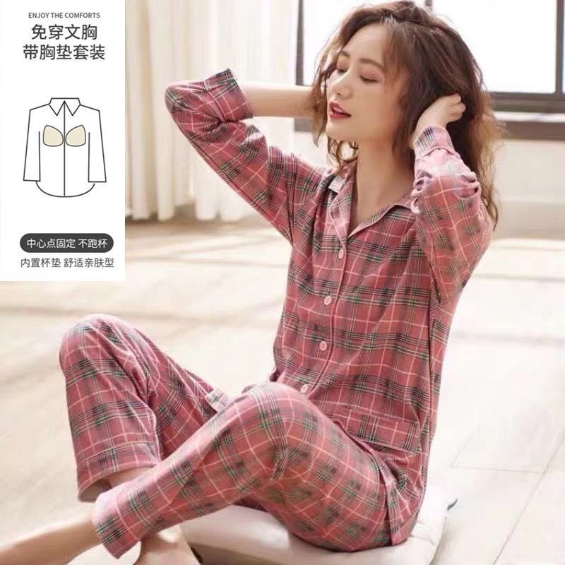 Pijama con cojín de pecho para mujeres primavera y otoño mangas largas 2023 nuevo conjunto de ropa de casa de otoño para mujeres