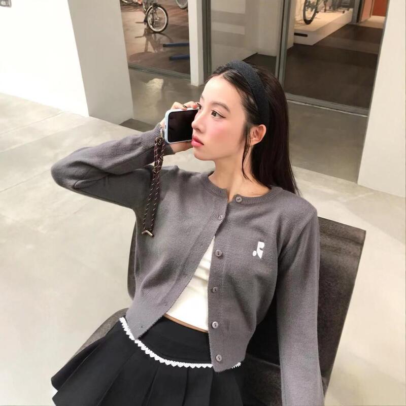 2024スター同型ピンク長袖ニットカーディガン女性RR刺繍丸首ニットカーディガン修身ギャル臍|undefined