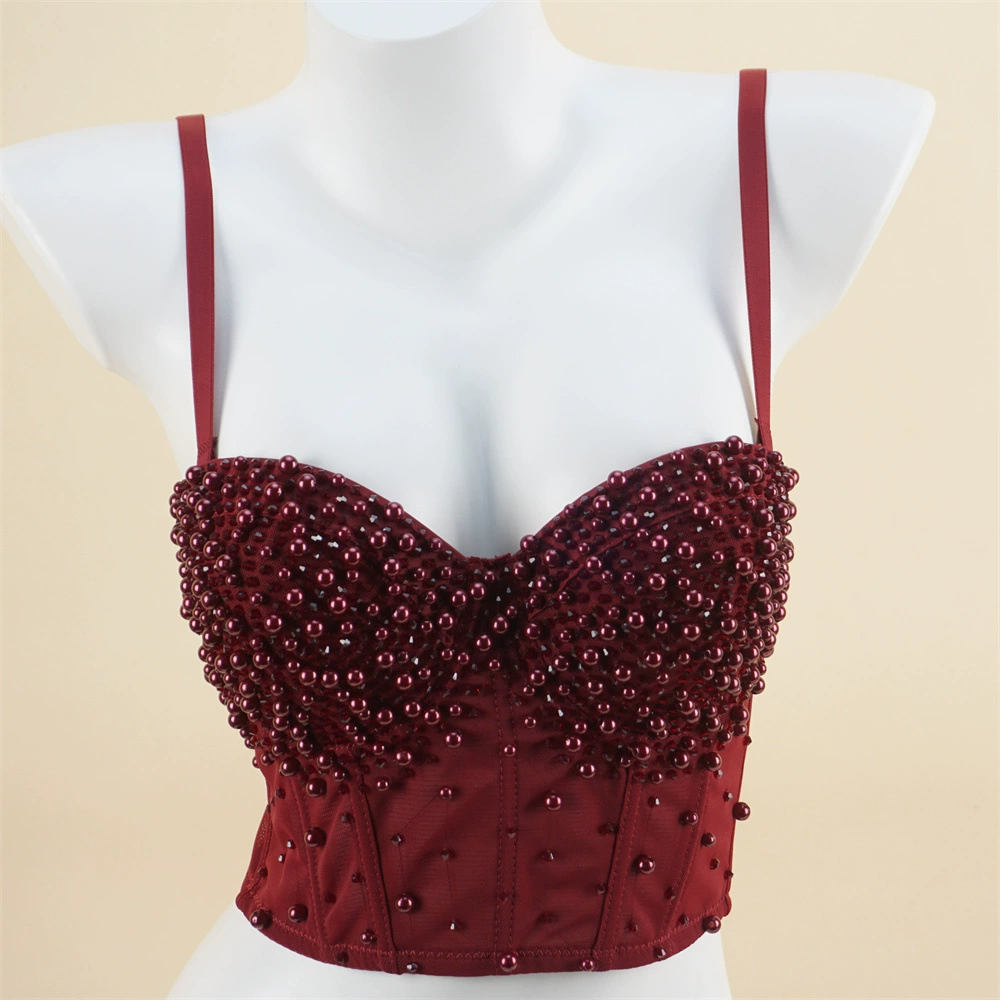 Жилет со встроенным бюстгальтером, новый стиль с бисерными пайетками, бюстгальтер в европейско-американском стиле с эффектом "рыбьей кости", тонкий и сексуальный.