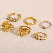 欧美跨境个性复古不锈钢镀18K金澳宝麻花大小环螺丝钉打结开口戒