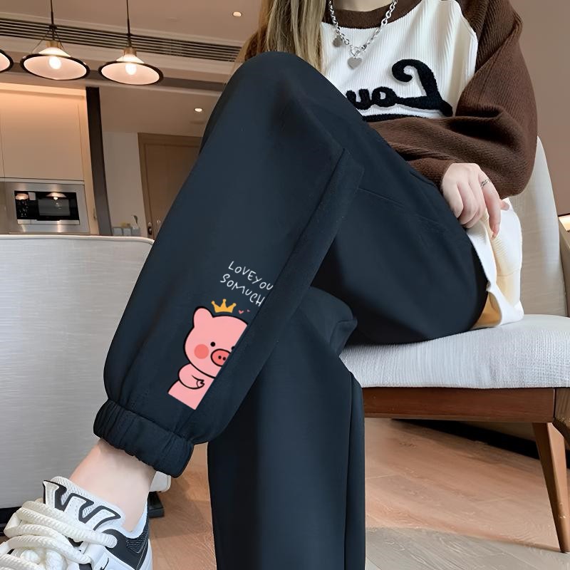 돼지 레깅스가 달린 얇은 검은색 바지