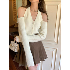 又純又欲上衣女早秋新款領修身露背毛衣辣妹長袖掛脖針織開衫