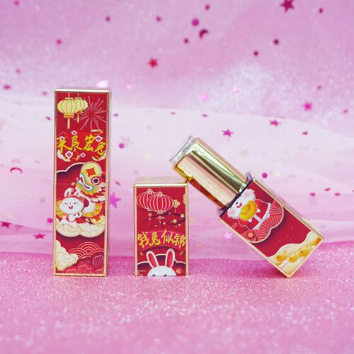 Red Lipstick Empty Pipe with 3D Printing Hollow Texture, Festive Rabbit Chinese Style Relief Craft Magnetic Cap Lipstick Tube