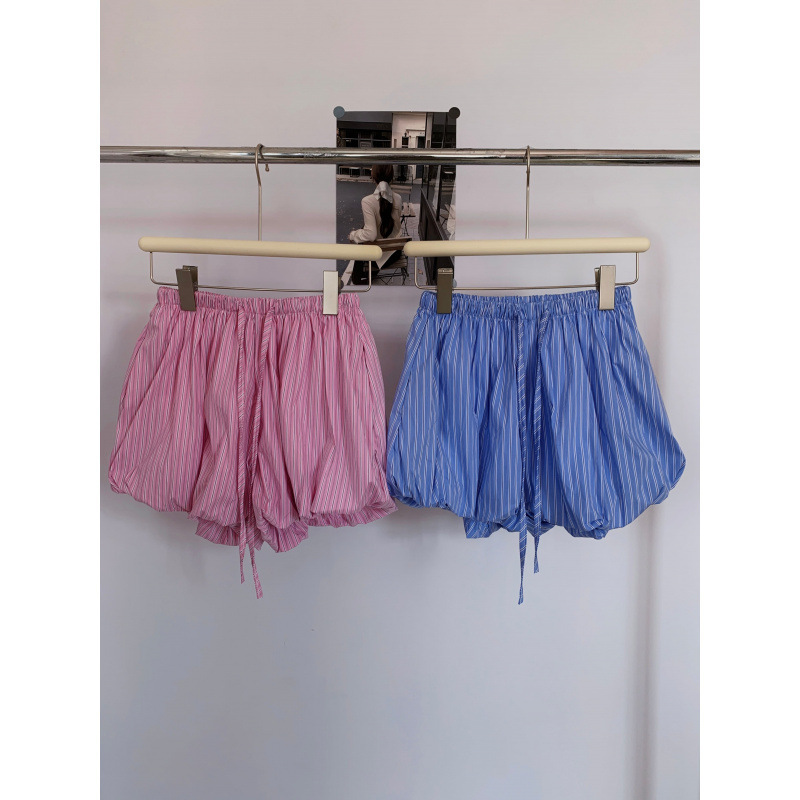 2026 Retro Loose Vertical Stripe Elastic Waist Drawstring Shorts Cute Versatile Skirt Pants Lantern Pants Casual Pants for Women