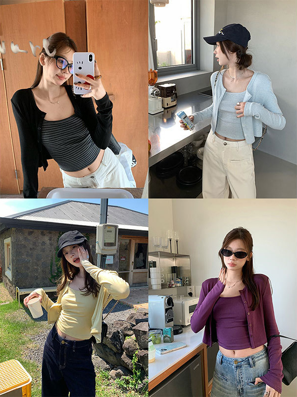 im向 韩女daily~圆领长袖短开衫针织衫+可调节吊带两件套女秋季|undefined