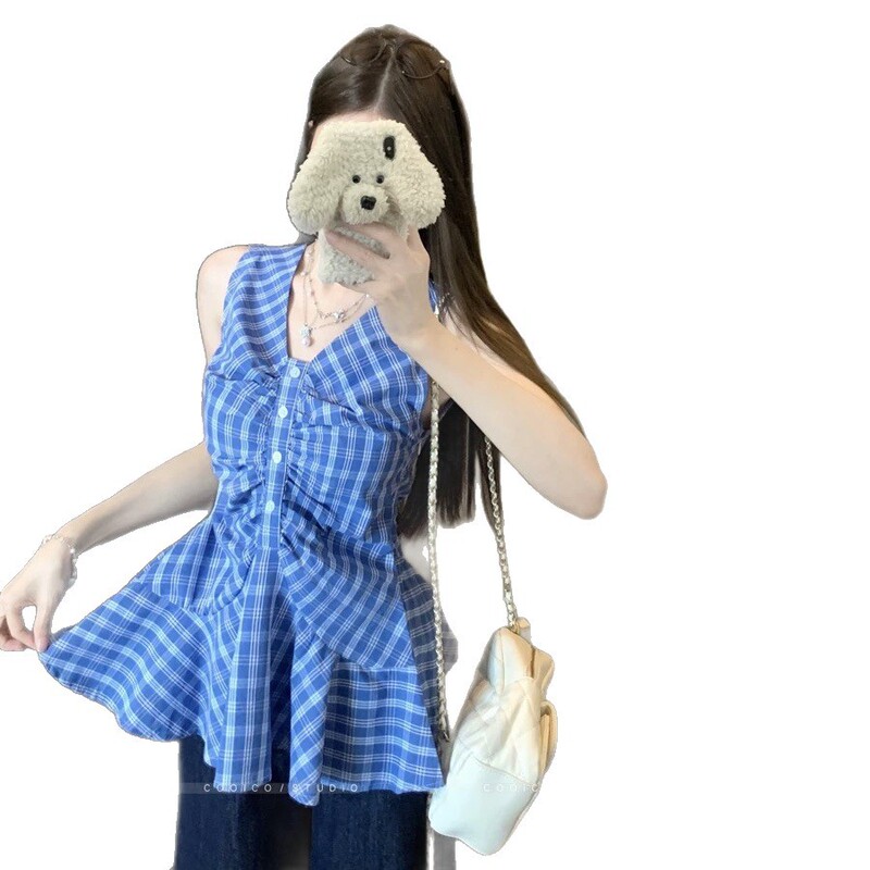 韩系蓝色格纹无袖吊带衬衫女夏季新款法式小众设计感显瘦宽松上衣|undefined