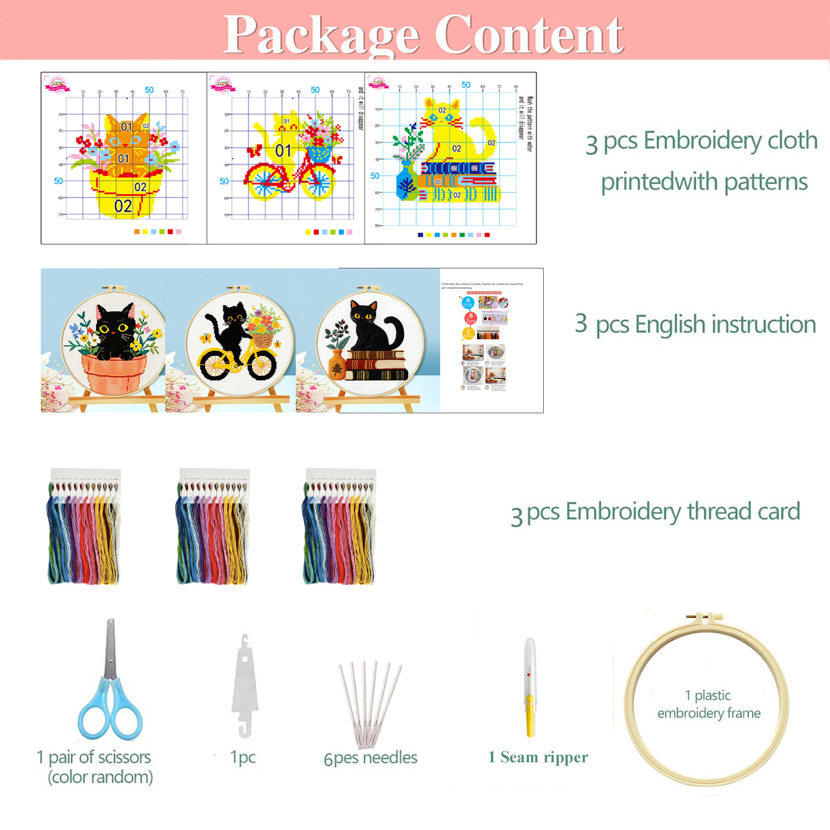 Fábrica directa de bordado cruzado transfronterizo Amazon tres pequeños gatos negros pequeños kits de bordado simple DIY