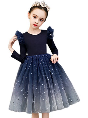 2026 Autumn New Arrival Girls' Dress—Stylish Starry-Sky Mesh Puffy Skirt, Little Girl's Stylish Princess Dress, Formal Gown