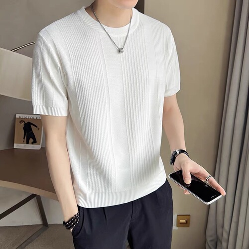 Summer new round collar and short-sleeved knitted shirt, men's ice silk, slim slim, business T-shirt, foreign trade, cross-border wholesale