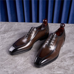 工廠店英倫復古牛津男士真皮手工鞋方頭系帶休閒商務正裝皮鞋棕色