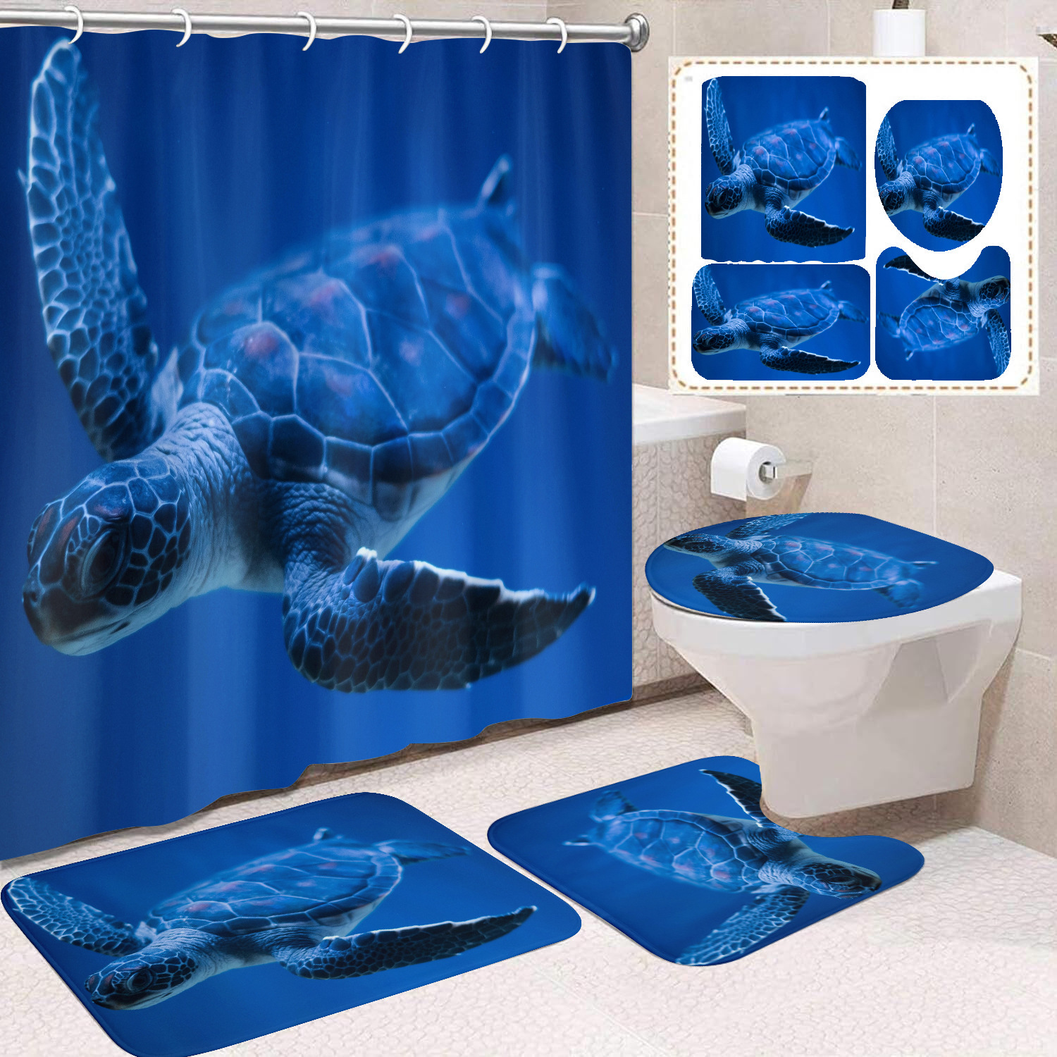 Cortina de ducha transfronteriza con diseño de delfines azules, estampada digitalmente, de poliéster, sin perforaciones, para baño, decoración del hogar image 56