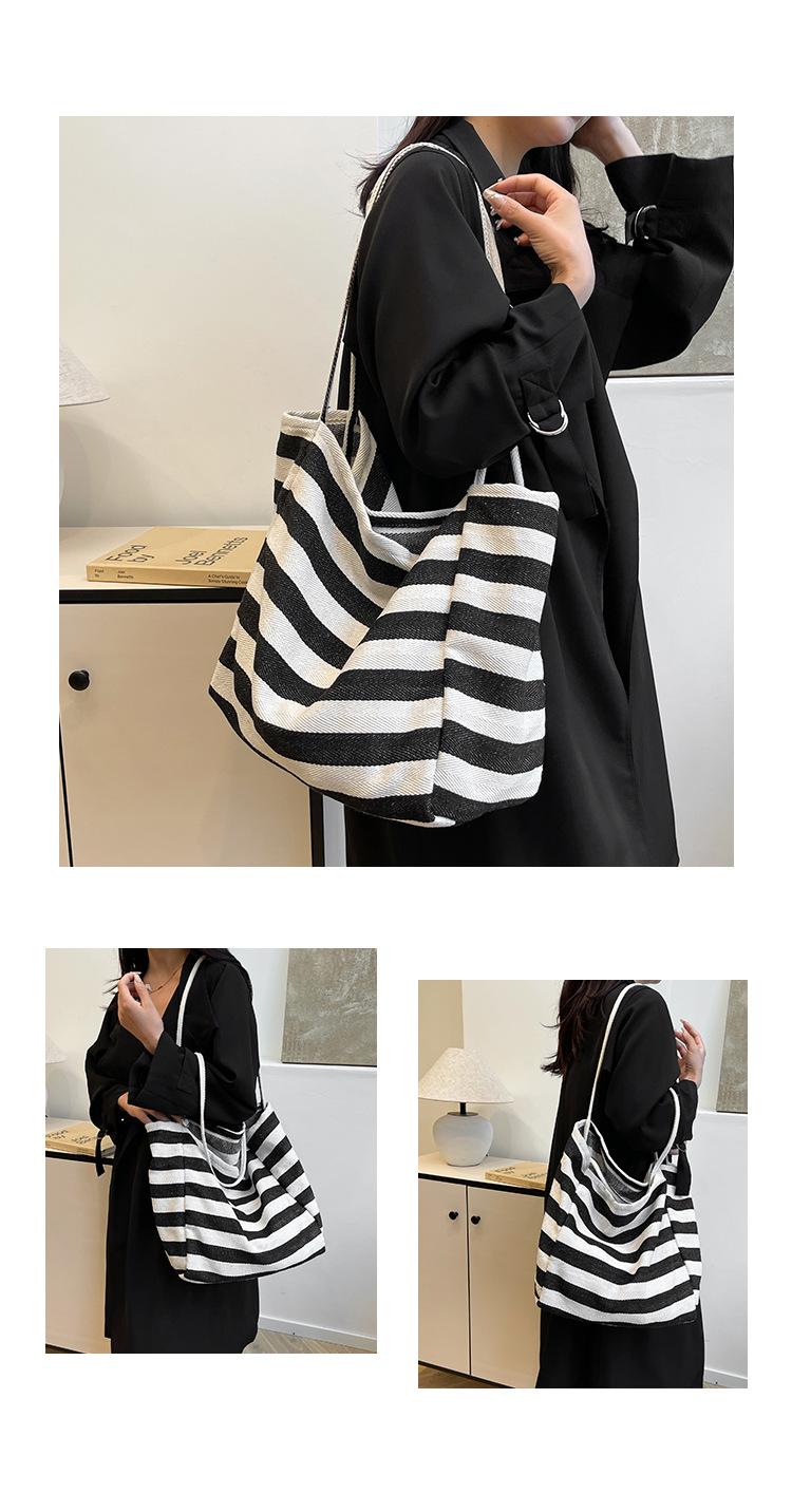 Laid-back striped canvas bag, Korean ins artistic color-blocking tote bag, large-capacity single-shoulder bag, shopping bag, large bag undefined