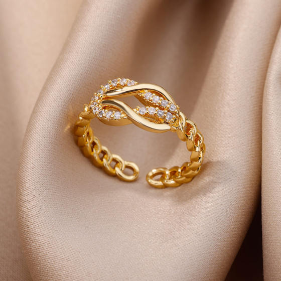 Cross-border Hot Sale 18K Gold Plated Full Diamond Titanium Steel Fadeless Open Ring Female Zircon Leaf Ring Female High Sense