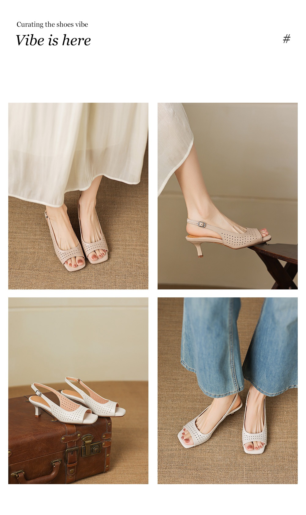 Sandal nữ đầu vuông hở ngón chân da bò thô gót thô cao — màu trắng ngà chi tiết 4