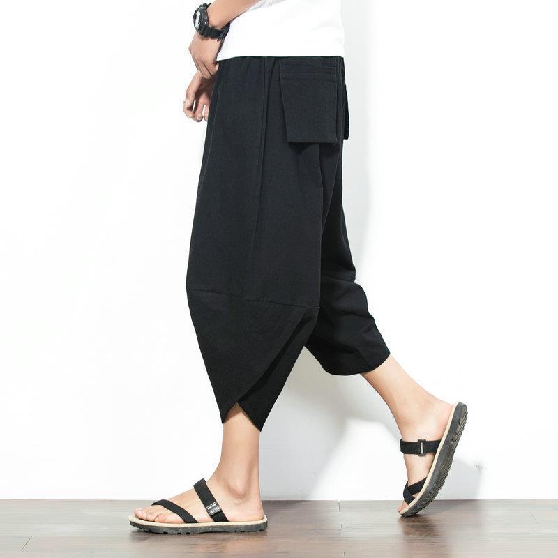 Pantalones de hombre de estilo chino, pantalones recortados de lino de verano, pantalones de zanahoria gordos de algodón y lino sueltos de gran tamaño, pantalones cortos de hip-hop, tendencia
