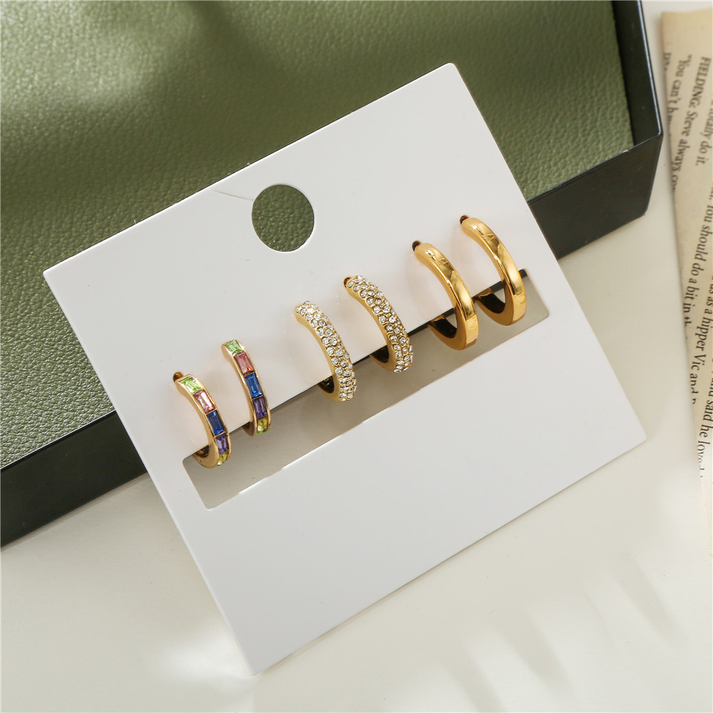 Juego De 3 Aretes De Estilo Minimalista Con Micro Incrustaciones De Circonitas De Corea display picture 3