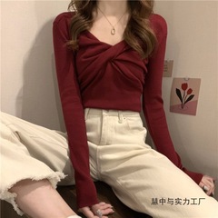 洋气红色小心机百搭打底针织衫女春季2025年新款修身长袖内搭上衣