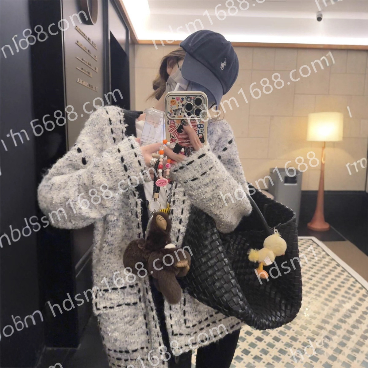 “Tweed Style” Knitted Wool Cardigan Contrast Color Lazy Mid-Length Sweater