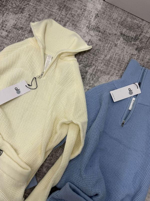高品质现货Alo 华夫格 高领长袖毛衣女卫衣普拉提针织衫宽松上衣|undefined