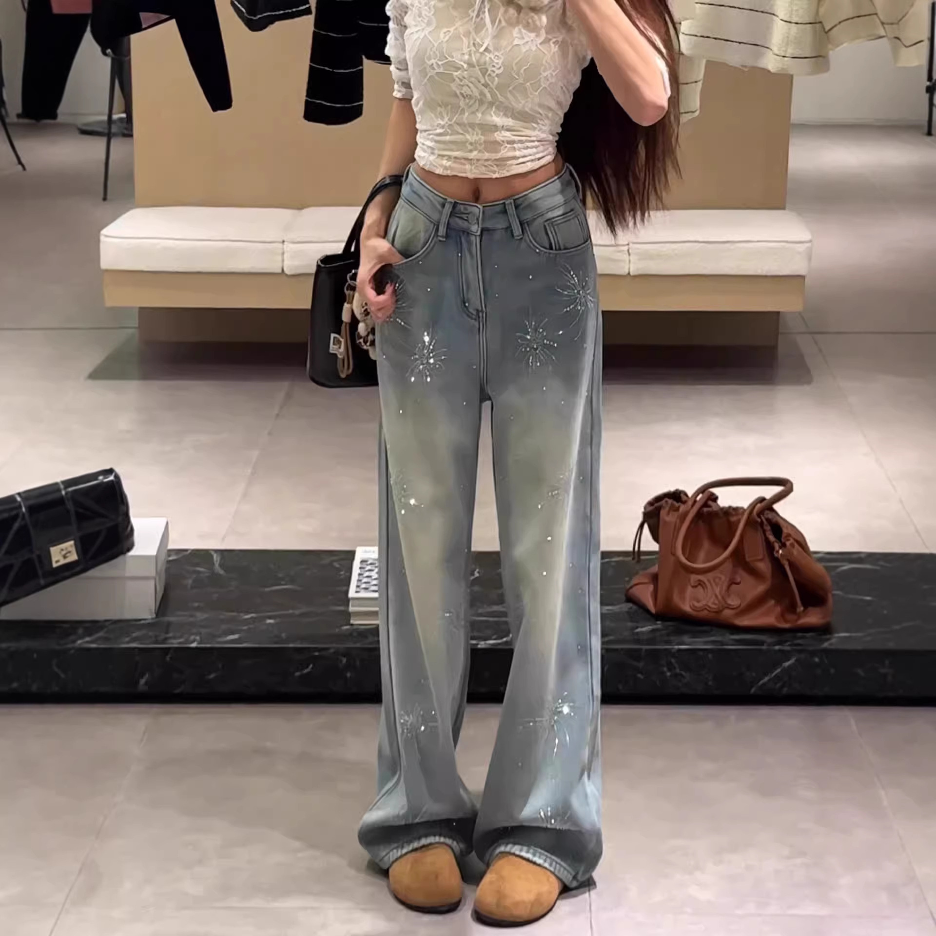 Women's Light Blue Flared Jeans With Firework Rhinestone Details – Fleece-Lined Winter Pants, High-Waisted Straight-Leg Denim For A Slimming Look_voghion.com