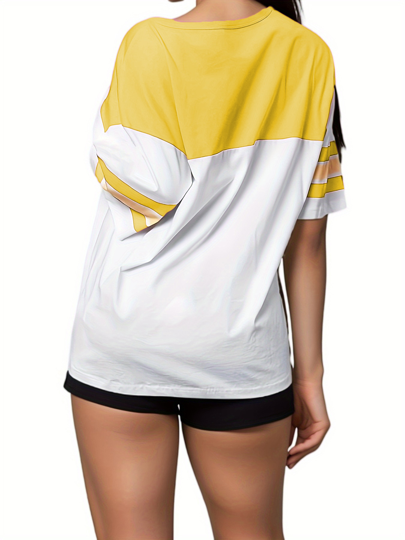 140g Weight Half Sleeve Sleeve Length Pullovers Placket Type Regular Sleeve Sleeve Type Polyester Fabric Type Long Top Length T-shirt Tops Type Holiday, Match Occasion V Neck Neckline Loose Fit Type Letter, Color Block Pattern Summer Season Women's Gender Patchwork, Contrast Binding Design Streetwear Style Wholesale Women's Streetwear Letter Color Block Half Sleeve Patchwork Contrast Binding T-Shirts 8