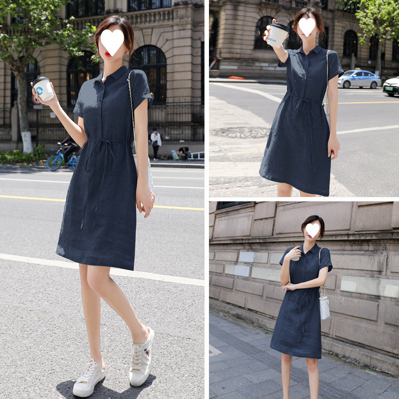 高端棉麻连衣裙女夏休闲新款大码显瘦气质小个子亚麻腰带衬衫裙子|undefined